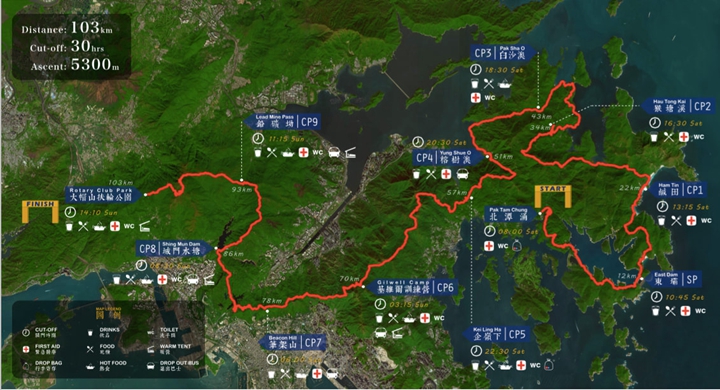 HK100 路線圖，起點北潭涌，終點為大帽山郊野公園。