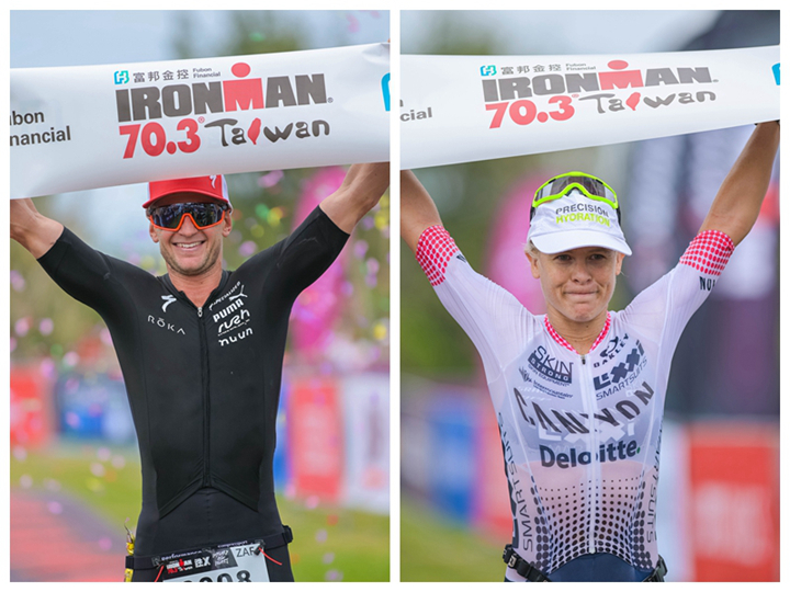 IRONMAN 70.3 Taiwan男子冠軍Bradley Weiss(左)、女子冠軍Sarah Crowley(右)