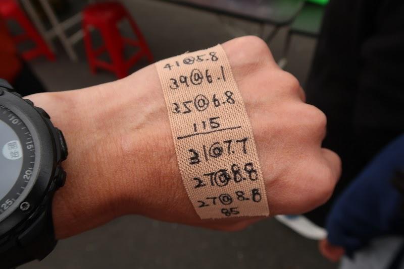 ◎貼在手上以200公里為目標的配速表，提醒自己要降速或加速