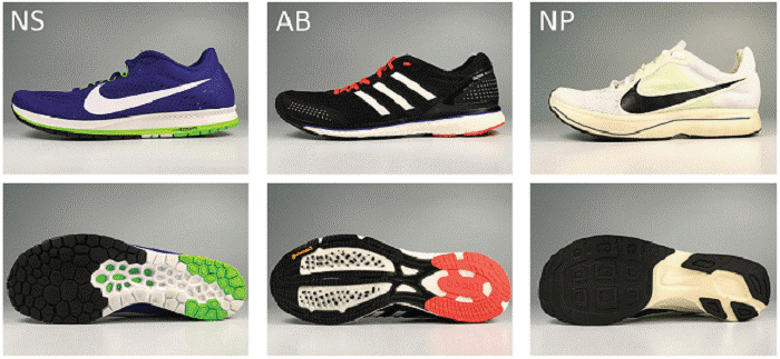 研究顯示Nike ZoomX Vaporfly (NP) 的原型鞋相比Nike Zoom Streak 6 (NS) 以及Adidas Adizero Adios BOOST 2 (AB) 等鞋有較佳的跑步經濟性，平均減少4%的能量消耗。 圖片來源: Sports Medicine, 48(4) , 1009–1019.