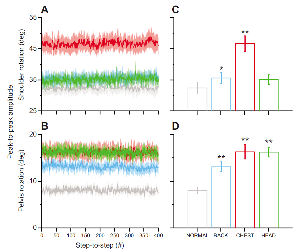 跑步時正常擺臂(Normal)的肩與骨盆旋轉幅度低於手放胸前(Chest)、背後(Back)以及頭頂(Head) (*及**符號表示與正常擺臂有顯著差異) 圖片來源: Journal of Experimental Biology, 217(14), 2456-2461.