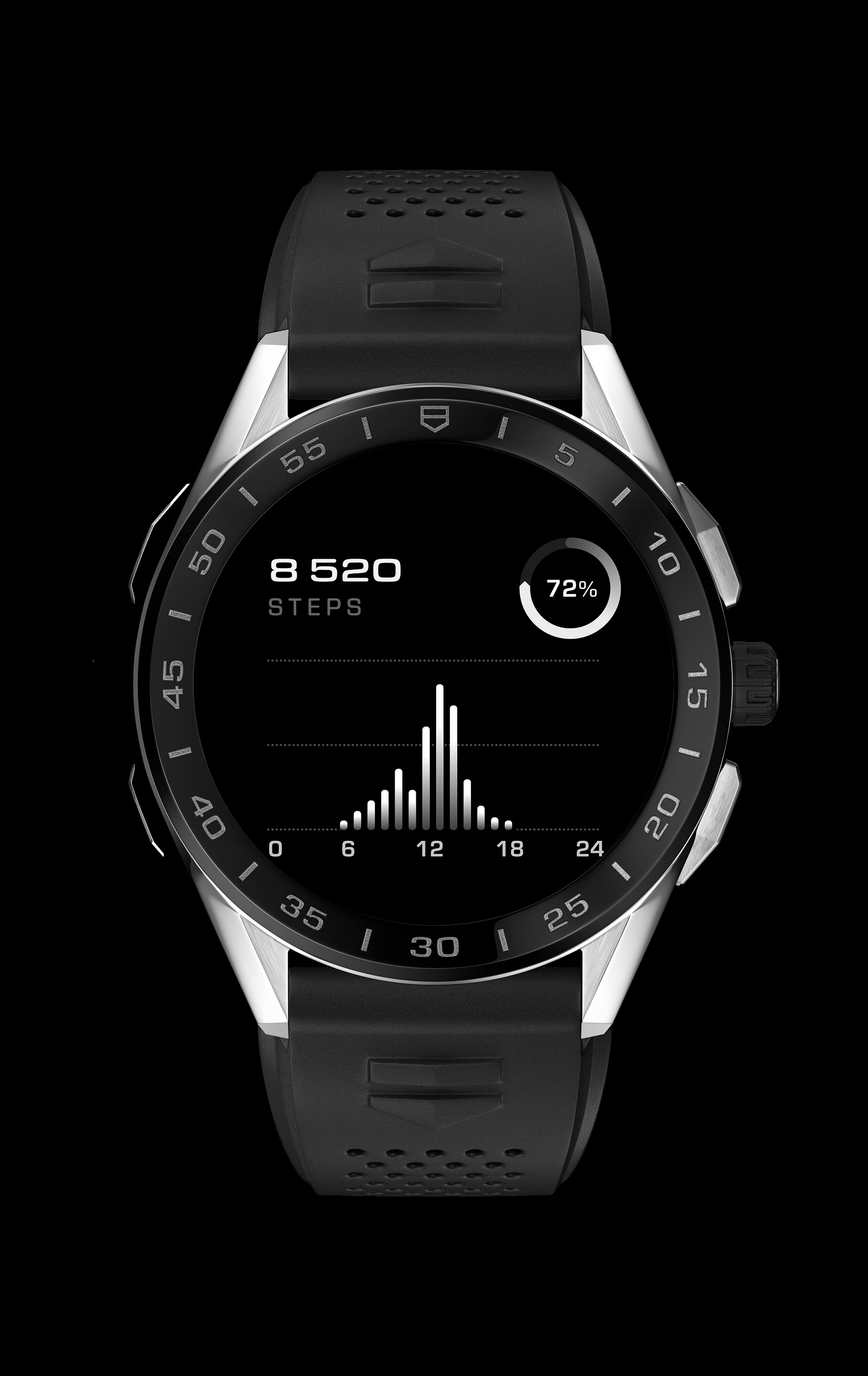 TAG Heuer 泰格豪雅Connected 智能腕錶 參考編號SBG8A80.BT6231 建議售價NT$77,400；由最外圈至內圈顯示為步數、燃燒卡路里、心率；鈦金屬黑色DLC錶殼、黑色陶瓷錶圈、橘色橡膠錶帶