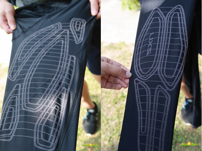 內側面的仿肌貼設計，跑步肌群全保護(左：大腿 右：小腿)