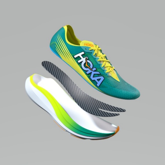 ▲ HOKA ROCKET X 2首度採用更回彈、更緩震的 PEBA 雙層中底泡棉，嵌入勺型碳纖維板與鞋面輕量化設計