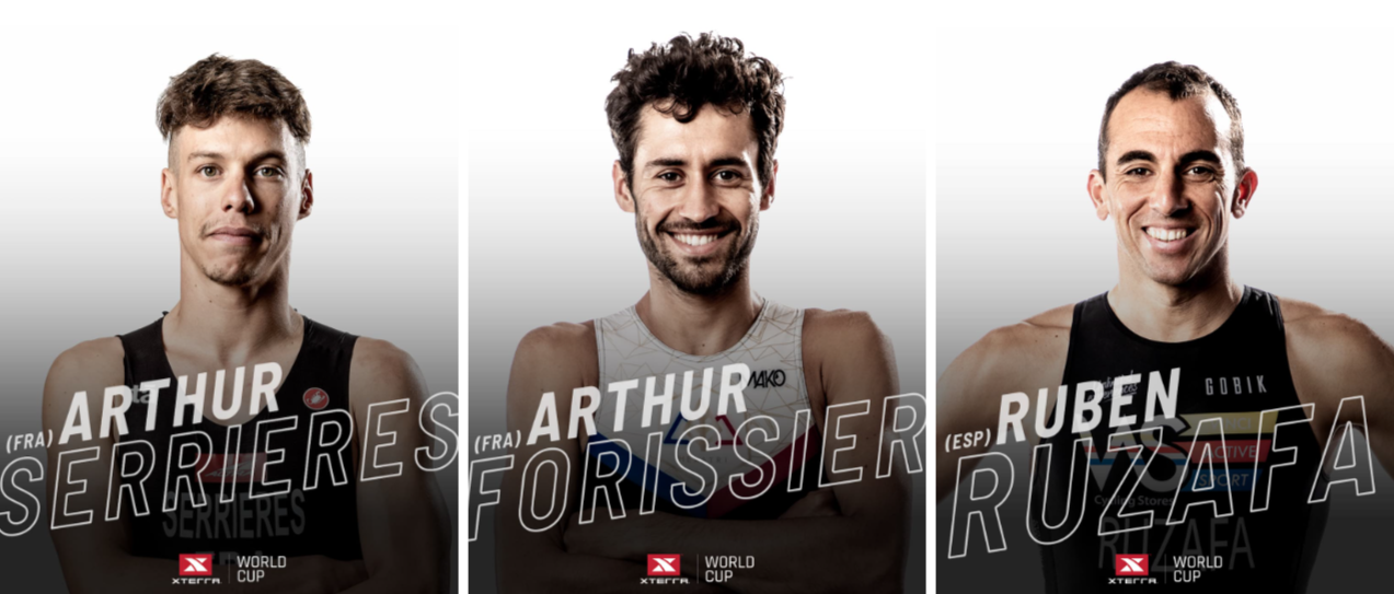 左起 Arthur Serrieres, Arthur Forissier, Ruben Ruzafa 在 2022 XTERRA 世錦賽贏得前三名，時隔不到半年就要風雲再起，登台對抗。