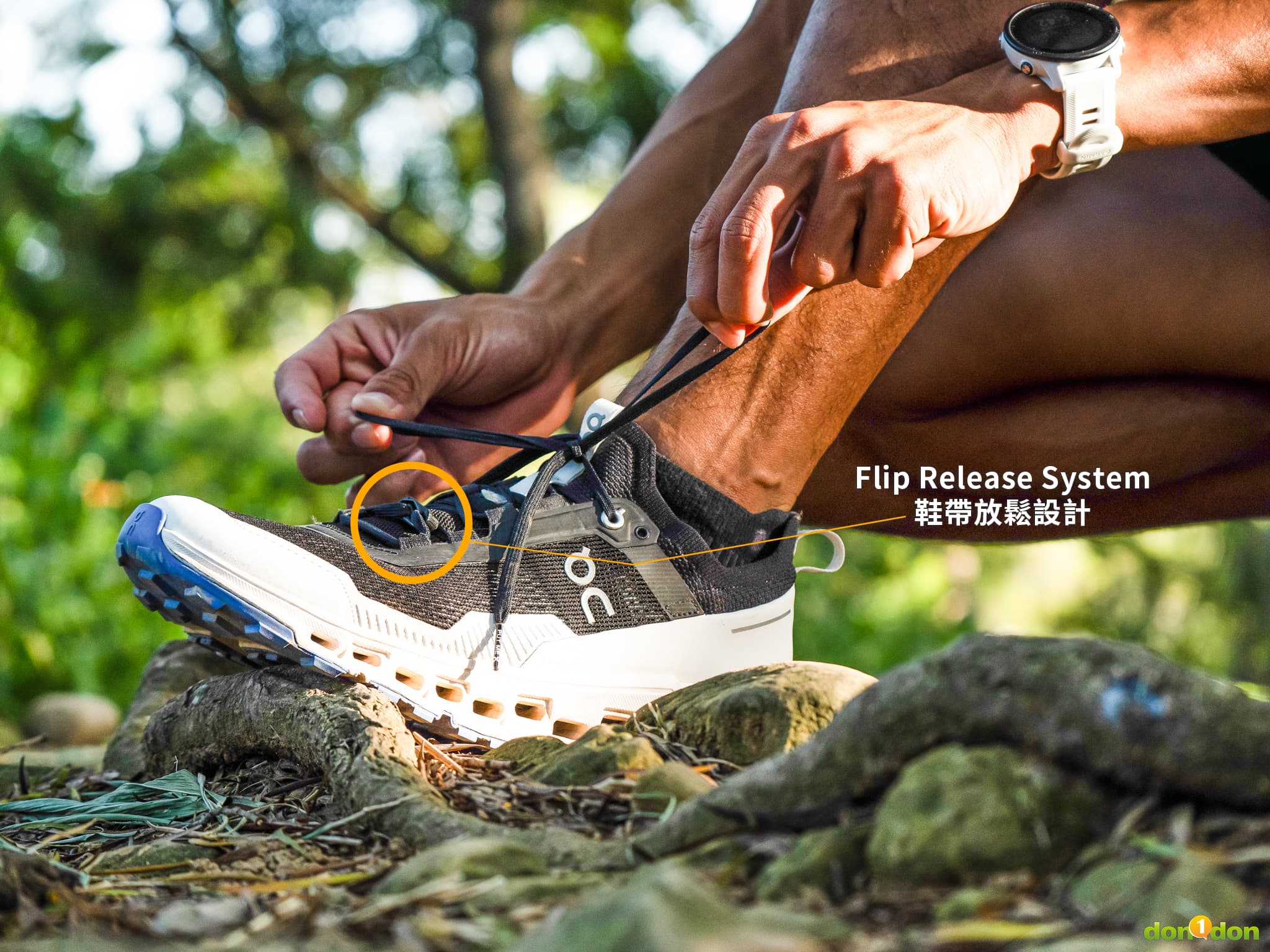 On Cloudultra2 在鞋帶加上「Flip Release System 鞋帶放鬆設計」，可以快速放鬆鞋帶調節前腳空間。博智稱讚此設計非常貼心，「有時候綁鞋帶會不小心綁太緊，這個時候就可以透過Flip Release System系統做調整，不用重新綁鞋帶！」