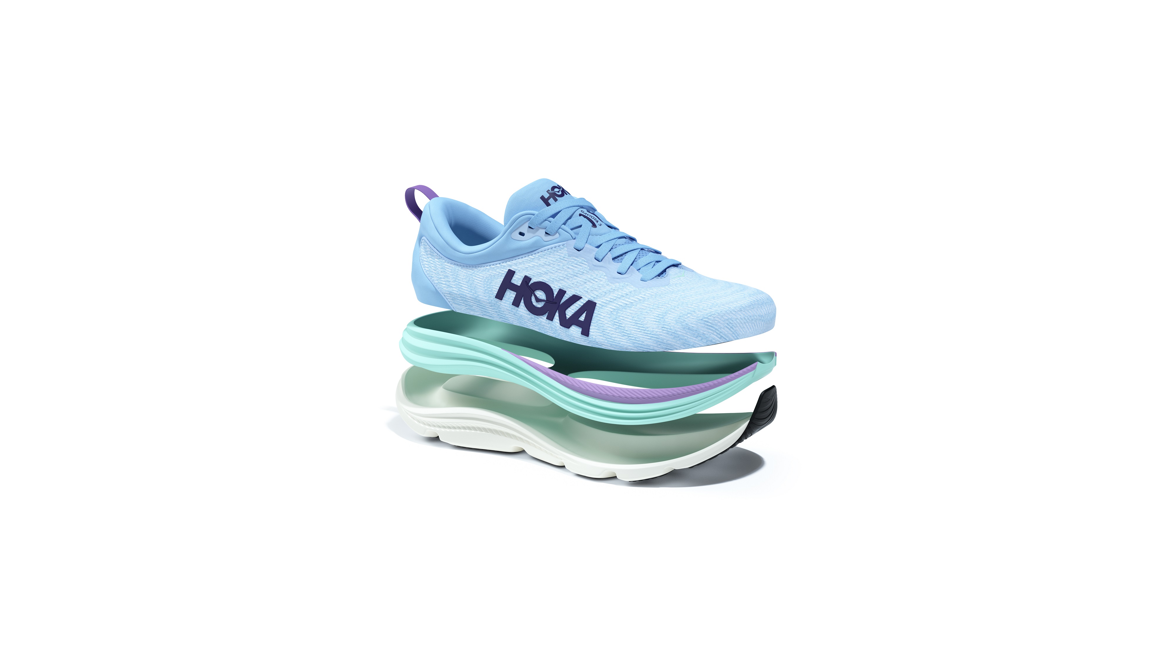 HOKA新一代支撐型緩震跑鞋GAVIOTA 5、全地形緩震之王STINSON 7，兩款新品中底均採全新H-Frame支撐科技，提供跑友柔軟舒適的穩定腳感