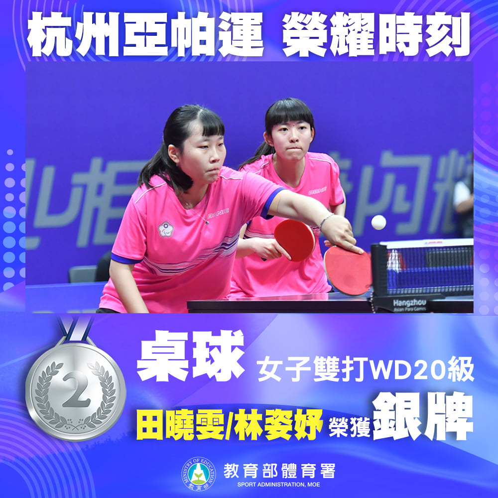 林姿妤（右）與隊友田曉雯（左）為同一級選手，場上對手、場下朋友，時常互相鼓勵，還相約要在巴黎帕運相見；此屆賽事兩人聯手在女雙賽事拍下銀牌。圖片來源：中華帕拉林匹克總會/Chinese Taipei Paralympic Committee