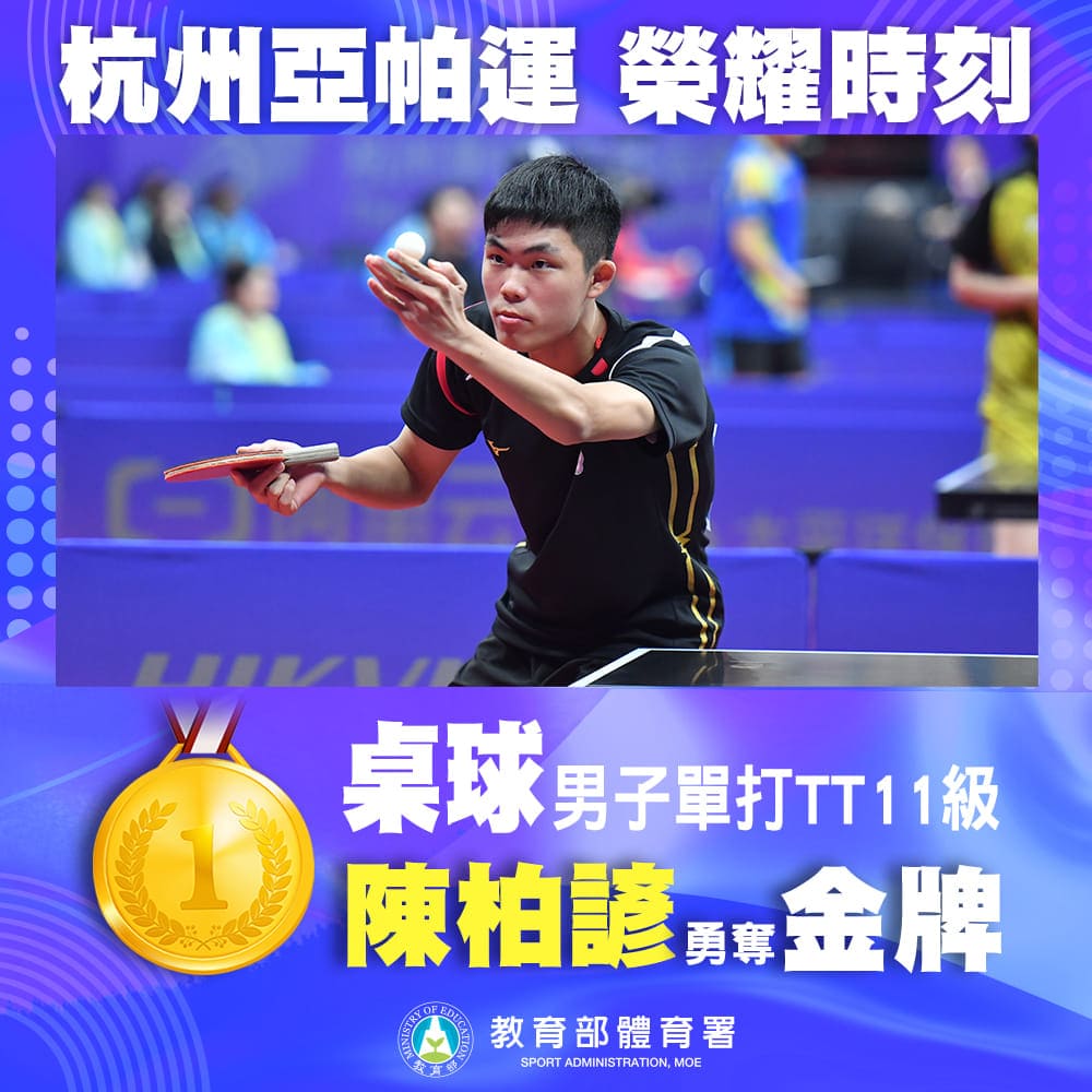 陳柏諺在本屆賽事拿下1金1銀，年僅16歲就在今年的芬蘭帕拉桌球公開賽拿下冠軍，是在桌球首位拿下巴黎帕運門票的選手。圖片來源：中華帕拉林匹克總會/Chinese Taipei Paralympic Committee