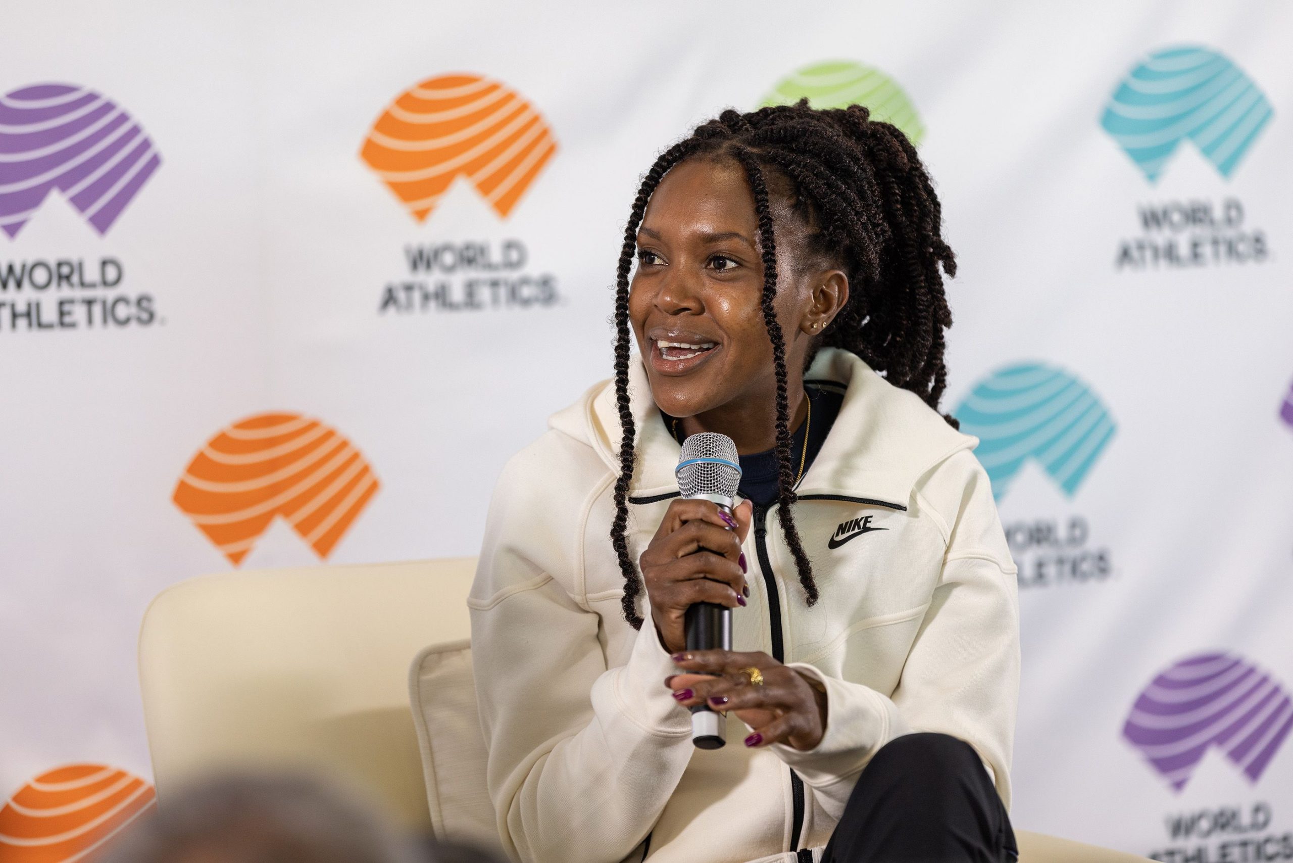 Faith Kipyegon speaks with media in Monaco (© Christel Saneh)